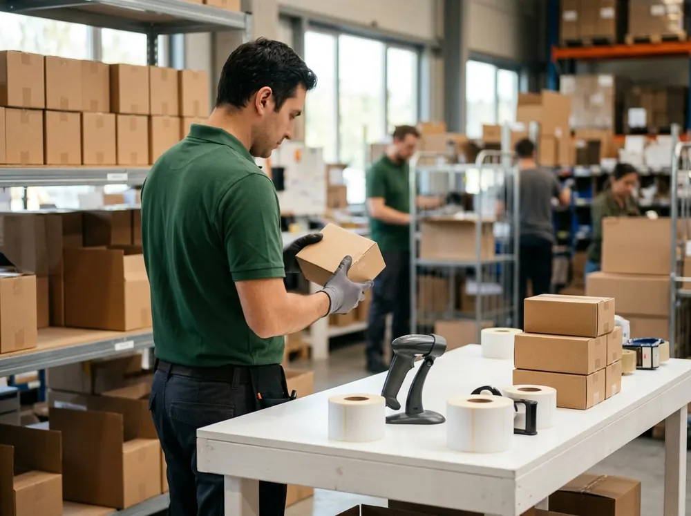 A worker inspecting a product box before it is listed