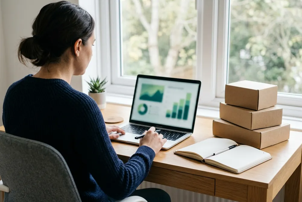 Reviewing product research on a laptop next to sample boxes